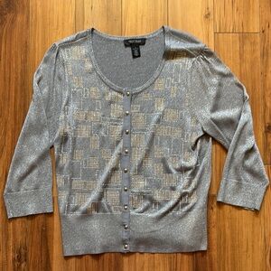 White House Black Market Light Gray Metallic Knit Cardigan Top